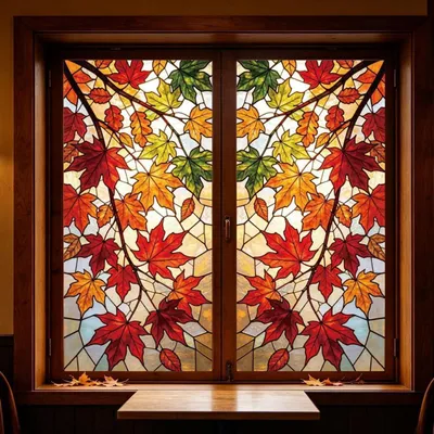 Zdjęcie produktu dla Naklejki okienne z motywem liści klonu, dwustronne, wielokrotnego użytku, wymiar 120 x 30 cm, 1 arkusz