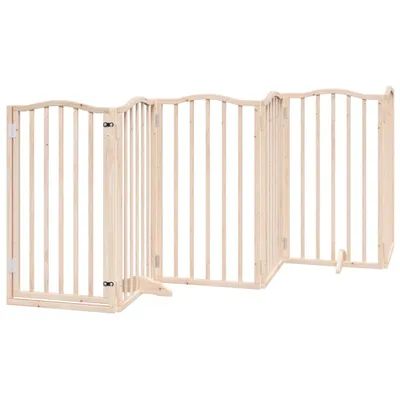 A wooden pet gate with multiple panels and a door, set against a white background.