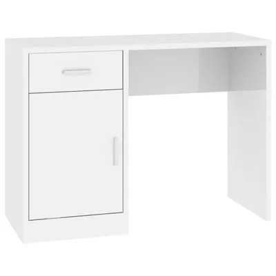 A white desk with a cabinet and drawer on the left, and an open shelf on the right.