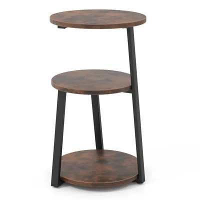 A three-tiered round side table with a rustic brown wood-look finish and black metal legs, presented against a white background.