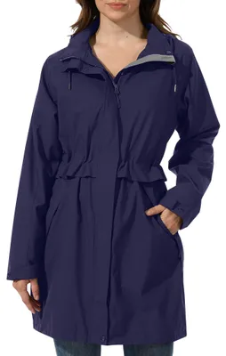 Produktbild von ATLASLAVA Regenjacke Damen Wasserdicht Kapuze Regenmantel Jacke Atmungsaktive Mantel Übergangsjacke Lang Trenchcoat Frühling Herbst, Navy Blau, L