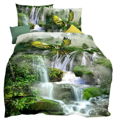 Produktbild von JACK by Kaeppel Mako Satin Digitaldruck Bettwäsche 2 tlg. Wasserfall Papagei Dschungel Regenwald Waterfall, Größe:155x220cm Bettwäsche