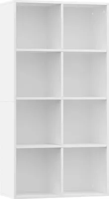 A white, empty bookshelf with eight compartments.