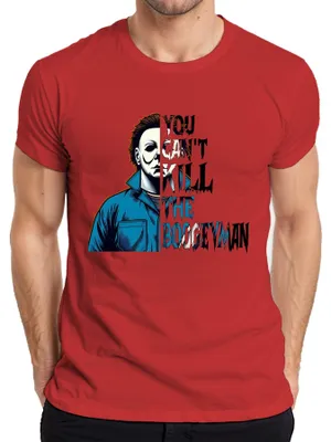 Productafbeelding van Boogeyman Halloween spreuk, moord, horror, slasher, masker, retro, heren T-shirt, rood, maat M