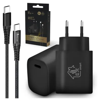 Produktbild von Extralink Smart Life USB Typ-C zu Typ-C Kit, 200cm, Schwarz + 18W PD3.0 Ladegerät, Schwarz