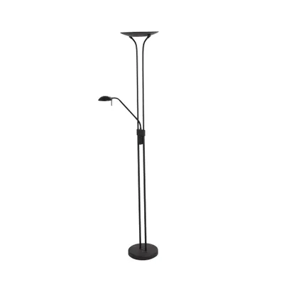 A black floor lamp with two lights on a white background.