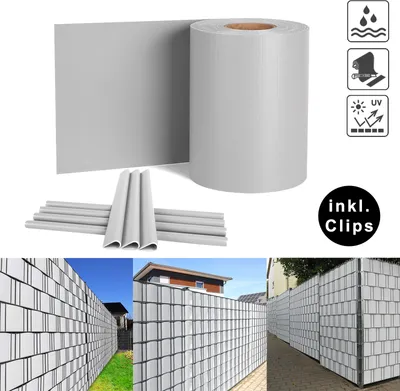 Produktbild von XMTECH 65mx19cm Sichtschutzfolie PVC Sichtschutzstreifen mit 30 Befestigungsclipse Zaunfolie Doppelstabmatten für Gartenzaun, Grau