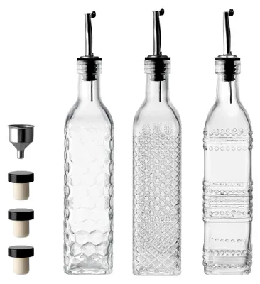Produktbild von Glasflasche für Olivenöl, 500 ml Essigspender, Dekanter mit Edelstahl-Ausgießern, Trichter und Stopfen, 3 Sets