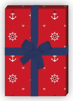 Produktbild von Maritimes Geschenkpapier zum Einpacken mit Herz, Anker und Steuerrad, rot - G10281, 32 x 48cm