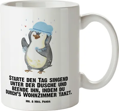 Produktbild von Mr. & Mrs. Panda Riesenkaffeetasse Pinguin Duschen - Weiß - Geschenk, tasse mit henkel, Singen, steingut, Pinguine, Pott, glücklich sein, Haferl, Baden, Teepott, Dusche