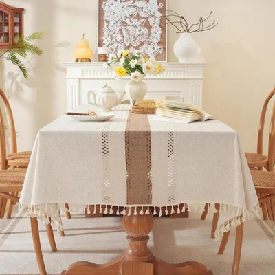 Produktbild von Tischdecke Abwaschbar Baumwolle Leinen 140x300cm Beige Rechteckig mit Quasten
