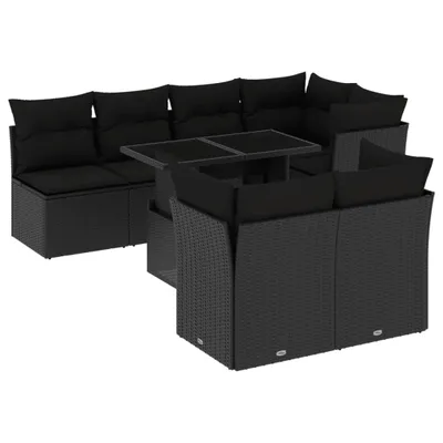 Produktbild von Garten-Sofagarnitur, 8-teilig, modular, mit verstellbarem Gartentisch, Poly Rattan, pulverbeschichteter Stahl, Hartglas, UV-beständig, Schwarz