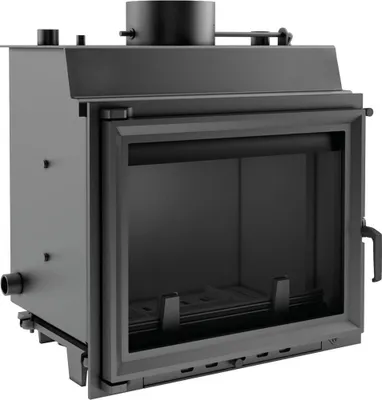 A black metal fireplace insert with a glass door and a chimney pipe on top, shown from a three-quarter front angle.