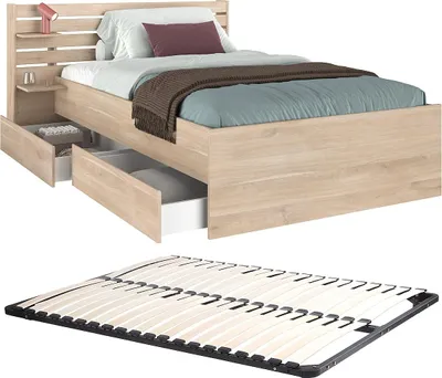 Produktbild von Bett mit Stauraum - 120 x 190 cm - Natur + Lattenrost - TENALIA