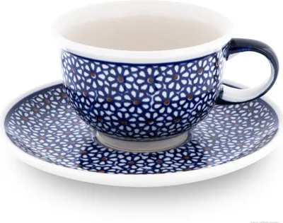Produktbild von Original Bunzlauer Keramik Kaffeetasse Teetasse Ø10 cm klassisch 200 ml mit Unterschale Ø16 cm im Design 120
