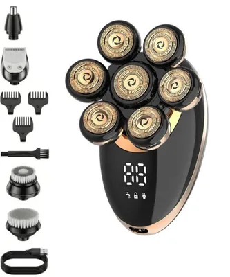 Produktbild von Glatzen Rasierer(Golden)5 in 1 Kopfrasierer mit 7 Scherköpfen,Magnetisch, IPX6 Wasserdicht, Nass & Trocken, LED Display, Typ-C, 60 Min
