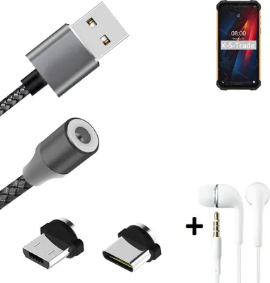 Produktbild von K-S-Trade® Hochwertiges Magnet-Lade-kabel Sync-Kabel Daten-Kabel + Kopfhörer kompatibel mit Ulefone Armor 8 Pro mit USB-Typ-C-Anschluss und