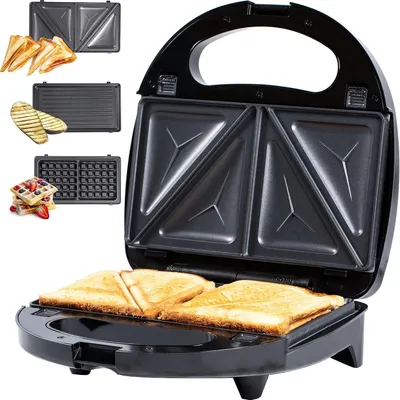 Zdjęcie produktu dla Maszyna do robienia kanapek 3-w-1 - grill do tostów i opiekacz do gofrów - do szybkiego przygotowywania posiłków - zdejmowane płyty - 750 watów - czarny