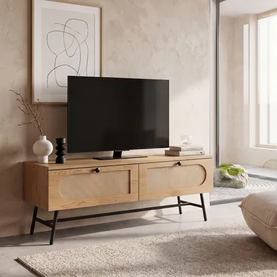 Obrázok produktu pre FineBuy Lowboard 100x45x40 cm TV komoda s dubovým dekorom a ratanovou TV skriňou s vysokými zásuvkami TV stolík TV skriňa TV komoda Obývacia izba