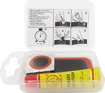 Image de Kit Réparation Pour Chambre à Air Shak Comprenant 2 Rustines De Diamètre 20mm Et 5 Rustines De 45x25mm, Avec Colle Et Abrasif.