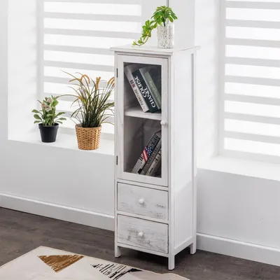 Produktbild von Vitrine ETANIA im Vintage Look Vitrinenschrank Kommode in weiß mit 1 Tür, 2 Schubladen