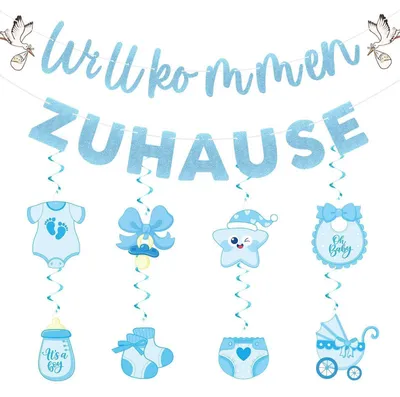 Produktbild von Willkommen Zuhause Girlande Blau Glitzer mit 8 Spiralanhängern Babymotive
