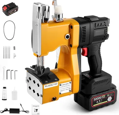 Image de Machine à coudre les sacs - Appareil manuel, alimenté par batterie - 21 V - Batterie 50000 mAh - Pour sacs en tissu, en papier et en jute - CE - Orange