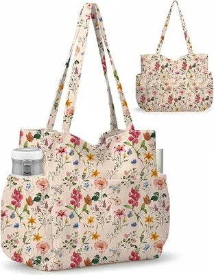 Productafbeelding van Strandtas van corduroy, 38x36 cm - Grote strandtas met rits - Lichte draagtas voor strand, zwembad, sauna, picknick - Ruime zomer tas