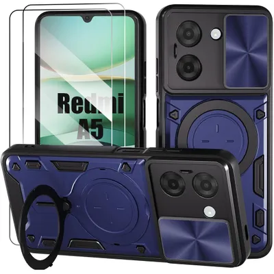 Image de Coque + 2 Verres Trempés pour Xiaomi Redmi A5, Antichoc Cache Caméra Anti-Rayure Rigide Bleu Marine