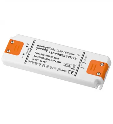 A white LED power supply with orange connectors on a white background.