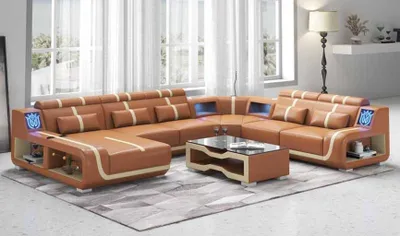 Image de Salon XXL Canapé En Forme De U Grand D’Angle En Cuir Marron
