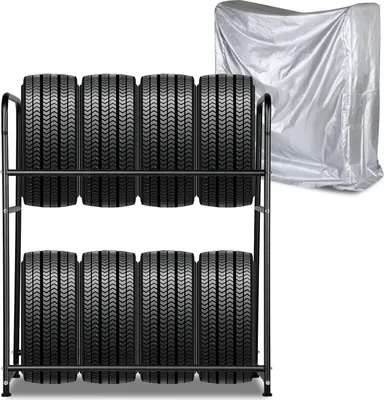 Image de Jopassy Rayonnage pour pneus ,jusqu'à 8 pneus,107x46x117cm ,180kg charge admissible, ,noir,avec housse de protection pour pneus