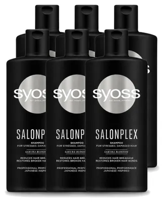Imagen del producto de 6 botellas de champú Syoss Salonplex para cabello teñido, 440 ml cada una. Pack de 6 unidades
