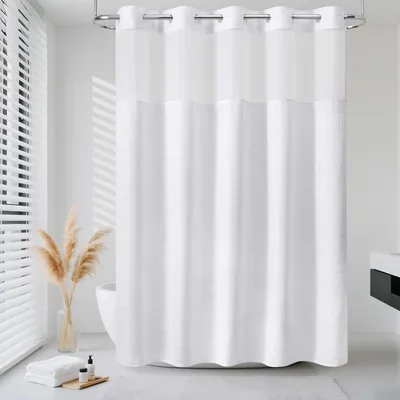 Image de Rideau de douche sans crochets en polyester épais et résistant, à motif à carreaux et avec une partie en filet dans la partie supérieure ; rideau de salle de bain imperméable de style bohème, 190 cm x 182 cm