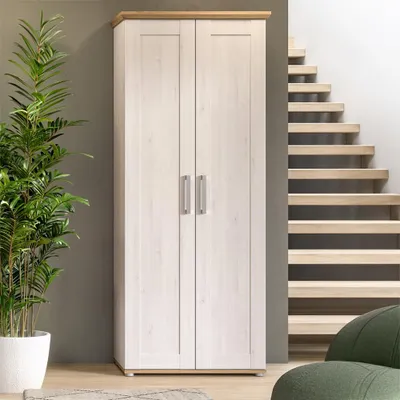 Produktbild von Flur Garderobenschrank mit 80 cm Breite in Lärche & Eiche im Landhaus-Stil, 2 Türen & ausziehbare Kleiderstange - VISOKO-158