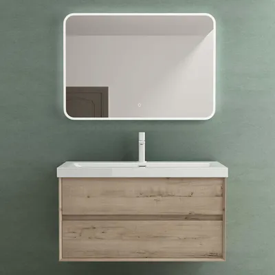 Produktbild von Mai & Mai Badmöbelset Badezimmermöbel Waschbeckenunterschrank 2 Schubladen mit Soft-Close inkl. Waschbecken und LED-Badspiegel Eiche Greige 100cm Rimo