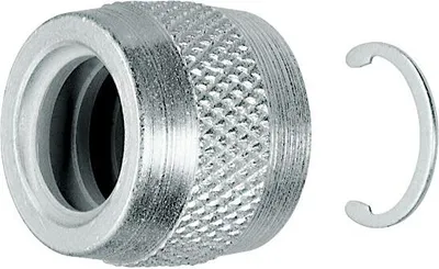 A silver metal nut and a C-clip are shown on a white background.