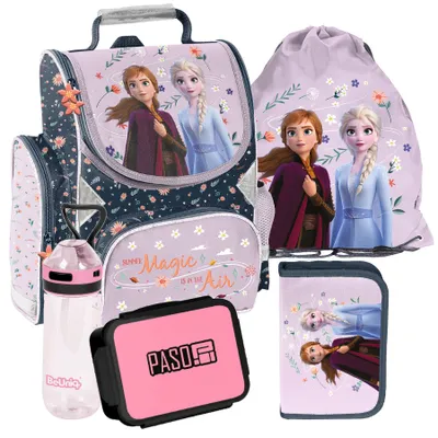 Produktbild von Schulrucksack Mädchen Jungen Motiv FROZEN 5 T Set Rucksack, Federmäppchen, Schuhbeutel, Trinkflasche, Frühstückstasche Mega-Set Paso EINGEFROREN