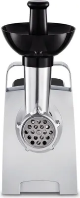A front view of a stainless steel meat grinder with a black hopper and plunger.