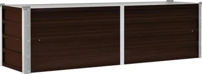 A long, rectangular raised garden bed with a dark brown wood-grain finish and silver metal trim.