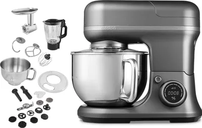 Produktbild von MEDION Küchenmaschine (Mixer, Fleischwolf, 3 in 1, 5 Liter Edelstahlschüssel, 1.200 Watt,  Reiben Raspeln Schneiden, Digitales Touch Display, Knetmaschine, Teigmaschine, MD18430) Titan