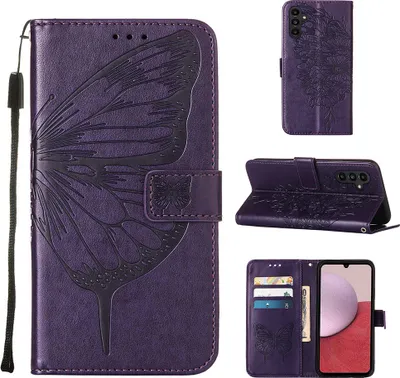 Produktbild von Lederhülle für Samsung Galaxy A25 5G Schmetterling Prägung Flip Ledertasche Kartenfächer Handyhülle mit Ständer Lila