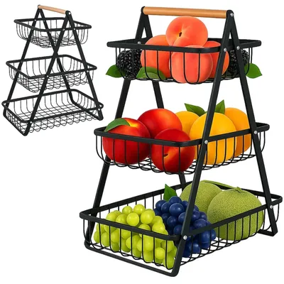 Obrázek produktu pro kovový koš na ovoce třípatrový košík na ovoce a zeleninu stojan 33x20x50 cm černý