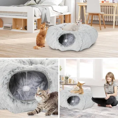 Produktbild von Plüsch-Kattentunnel - multifunktionales Katzenspielzeug mit Katzenbett - für Wohnungskatzen - hängender Ball - Sichtfenster - für Katzen aller Größen