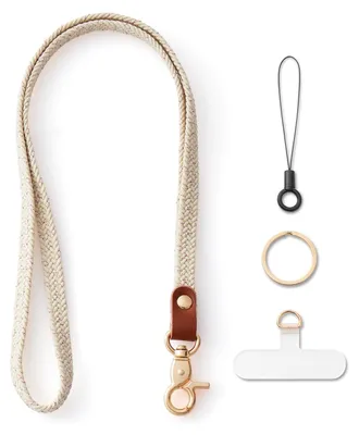 Image de Long cordon élastique à porter autour du cou, avec un porte-clés beige