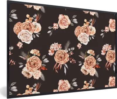Produktbild von MuchoWow® Gerahmtes Poster Blumen - Schwarz - Muster 90x60 cm - Poster mit Schwarzem Bilderrahmen Wandposter Rahmen Foto Bilder - Fotorahmen - Foto-Plakat
