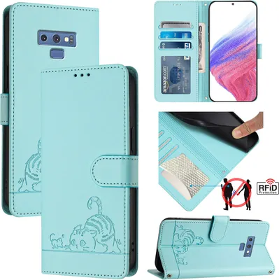 Produktbild von Leder Hülle für Samsung Galaxy Note 9 Süße Katze Flip Case Brieftasche Schutzhülle mit Standfunktion hellgrün