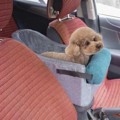 Immagine prodotto di Famanu: Rialzo per sedile auto per animali domestici - Beige e blu - Sicurezza e comfort per cani e gatti di piccola taglia