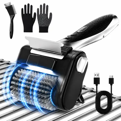 Produktbild von Kabellose Elektro Grillbürste mit LED-Licht, 450RPM leistungsstarker Motor, 4000mAh Akku (240Min), Kratzer & 304 Edelstahlbürste, für alle Grillarten