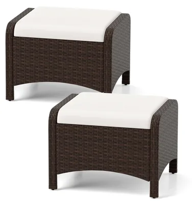 Produktbild von COSTWAY 2er Set Fußhocker Polyrattan, Sitzhocker mit abnehmbarem Kissen, Rattanhocker wetterfest, Gartenhocker für Garten, Balkon, Terrasse Weiß